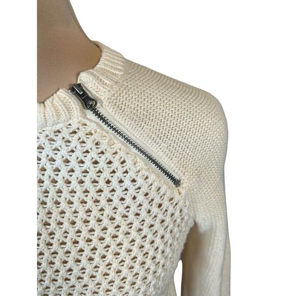 Loft Sweater 100% Cotton Size Small Zipper Detail Cream Winter White Open Knit - Picture 2 of 6